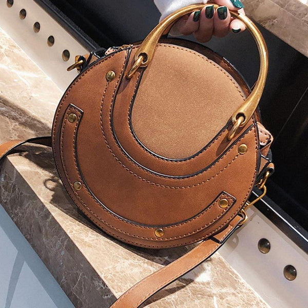 Retro Look Circular Shape PU Leather Mini Shoulder Bag Handbag Brown