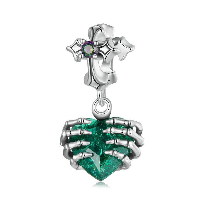 Green Glass Heart Skelton Hands Sterling Silver Bead Charm Pendant Bracelet Necklace