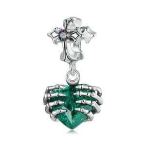 Green Glass Heart Skelton Hands Sterling Silver Bead Charm Pendant Bracelet Necklace