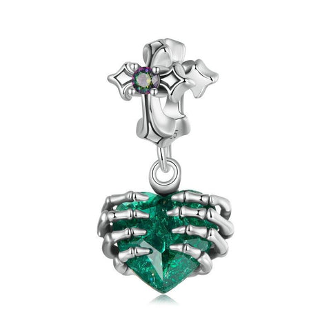 Green Glass Heart Skelton Hands Sterling Silver Bead Charm Pendant Bracelet Necklace