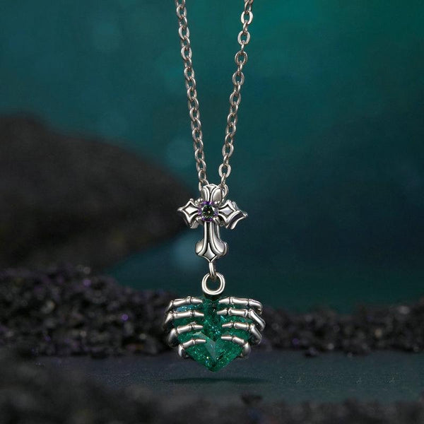 Green Glass Heart Skelton Hands Sterling Silver Bead Charm Pendant Bracelet Necklace