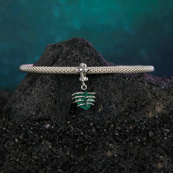 Green Glass Heart Skelton Hands Sterling Silver Bead Charm Pendant Bracelet Necklace