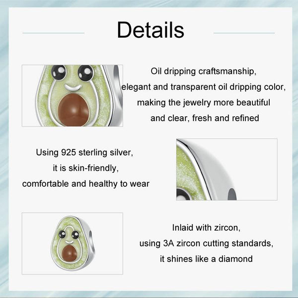 Avocado Enamel Sterling Silver Bead Charm Bracelet Necklace Pendant