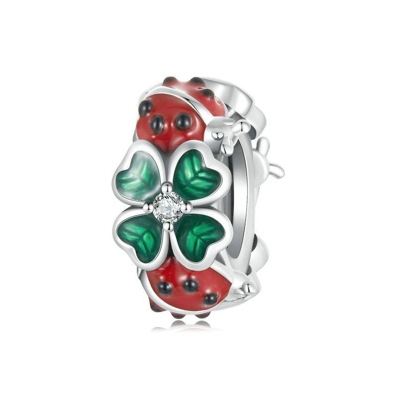 Ladybird Four Leaf Clover Enamel Sterling Silver Bead Charm Bracelet Necklace