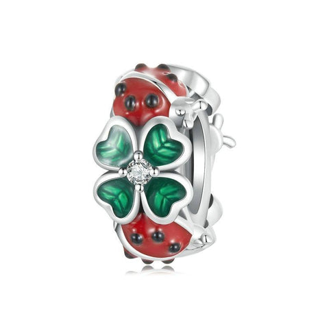 Ladybird Four Leaf Clover Enamel Sterling Silver Bead Charm Bracelet Necklace