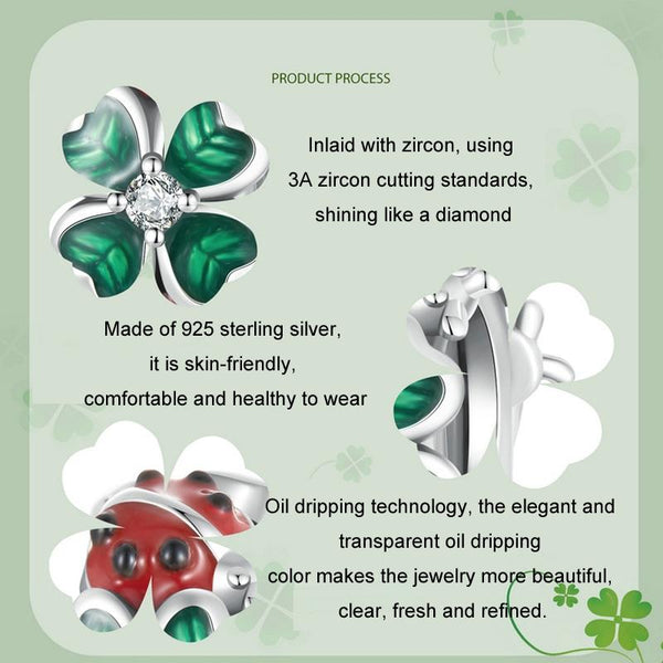Ladybird Four Leaf Clover Enamel Sterling Silver Bead Charm Bracelet Necklace
