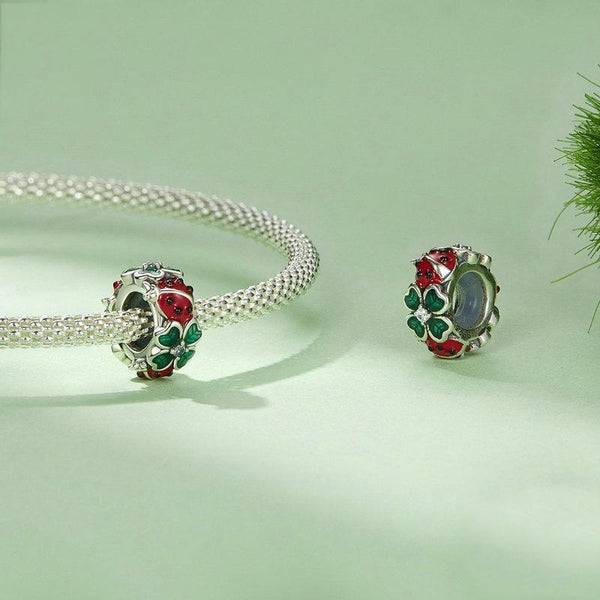 Ladybird Four Leaf Clover Enamel Sterling Silver Bead Charm Bracelet Necklace