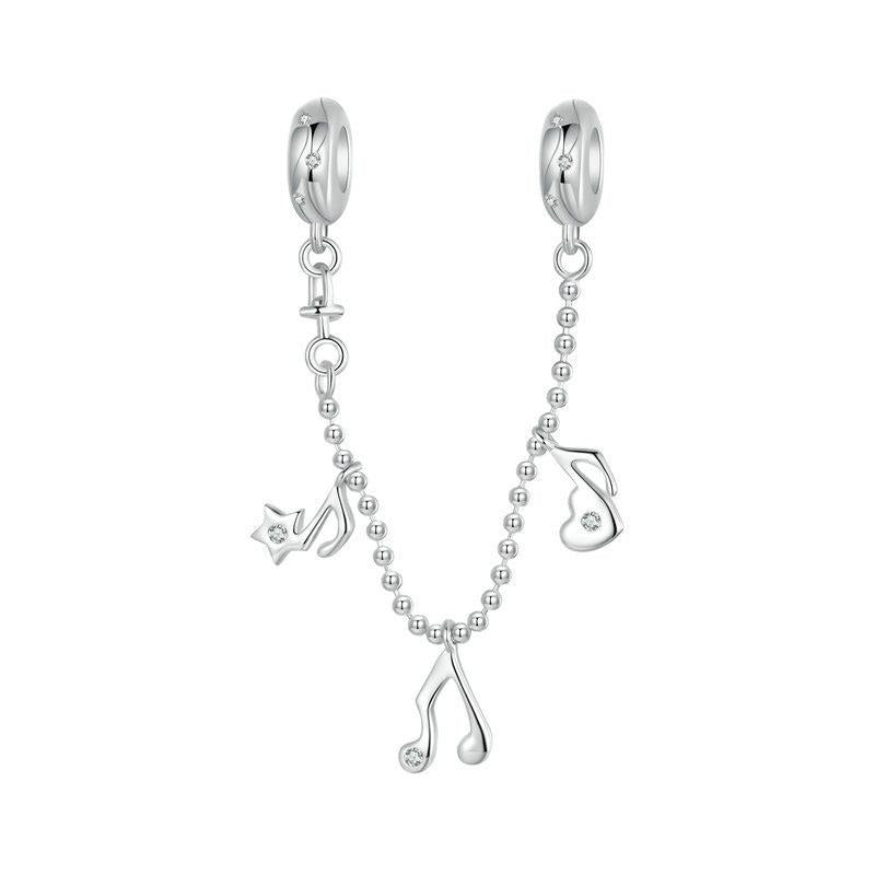 Music Notes Heart Sterling Silver Zircon CZ Safety Chain For Bracelet