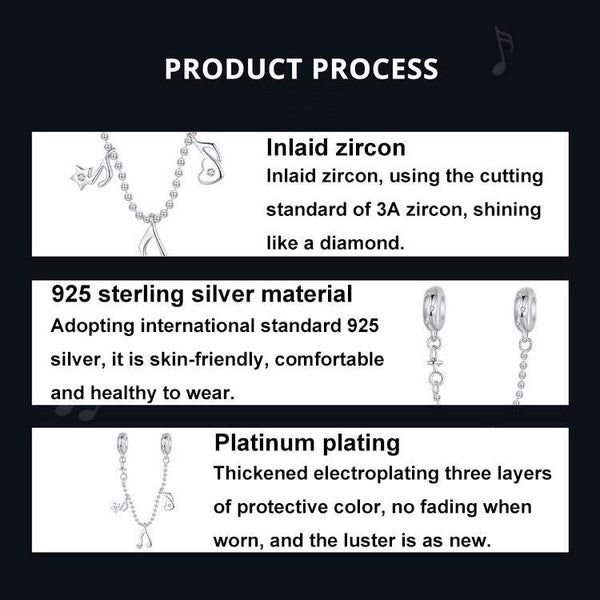 Music Notes Heart Sterling Silver Zircon CZ Safety Chain For Bracelet