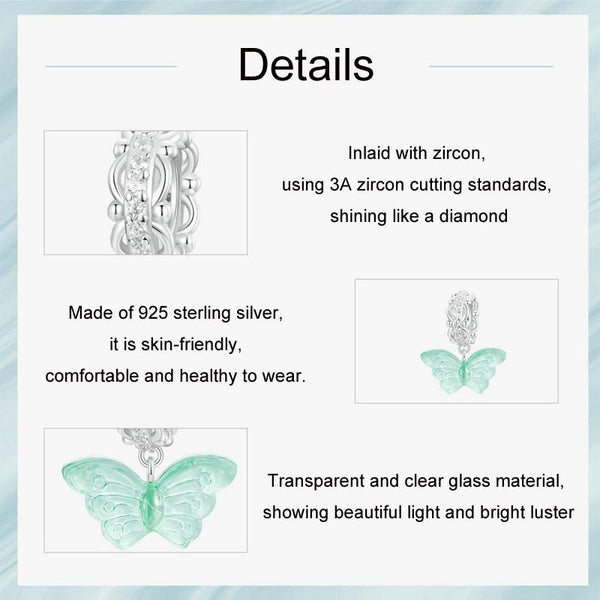 BUtterfly Glass Sterling Silver CZ Bead Charm Bracelet Necklace Pendant