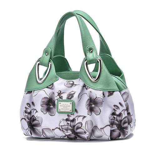 Faux PU Leather Slouchy Bucket Bag Handbag Multi Pocket Green Handle Purple Flowers