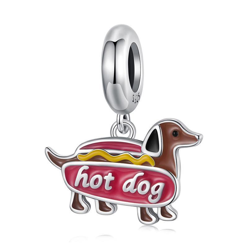 Dachhund Hot Dog Enamel Sterling Silver Bead Charm Bracelet Necklace Pendant