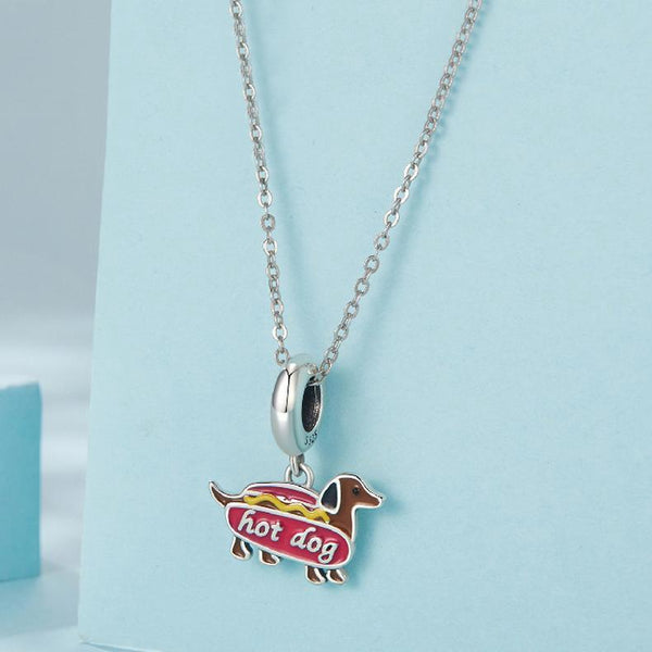 Dachhund Hot Dog Enamel Sterling Silver Bead Charm Bracelet Necklace Pendant
