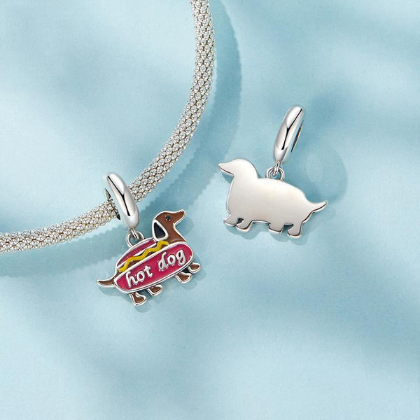 Dachhund Hot Dog Enamel Sterling Silver Bead Charm Bracelet Necklace Pendant