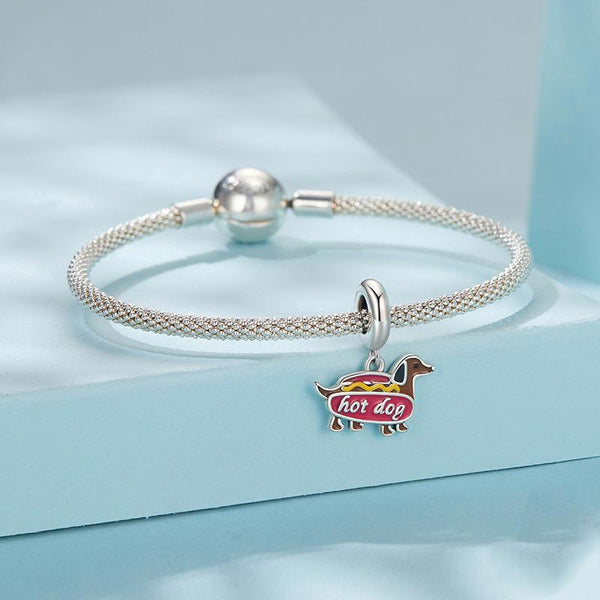 Dachhund Hot Dog Enamel Sterling Silver Bead Charm Bracelet Necklace Pendant