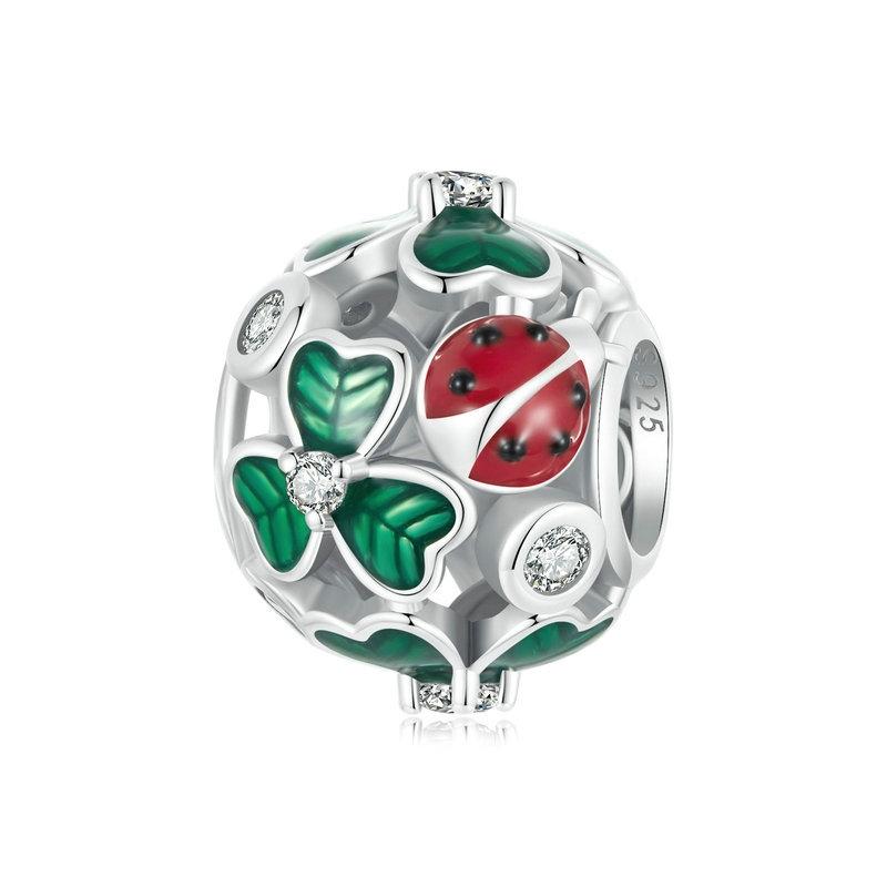 Ladybird Clover Enamel Sterling Silver Bead Charm Bracelet Necklace Pendant