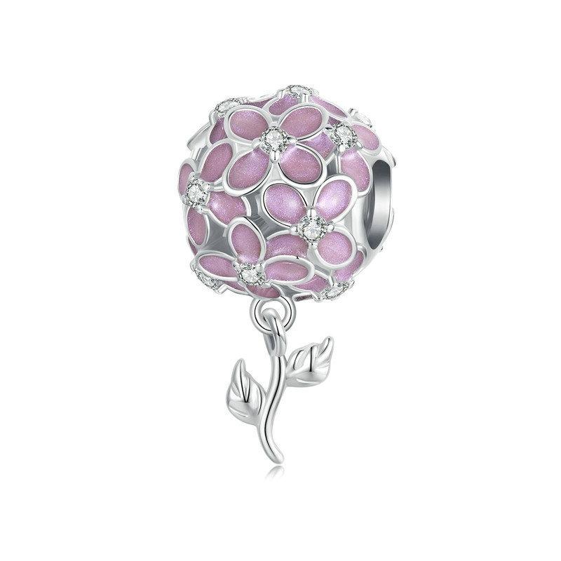 Pink Flower Ball Enamel Sterling Silver Bead Charm Bracelet Necklace