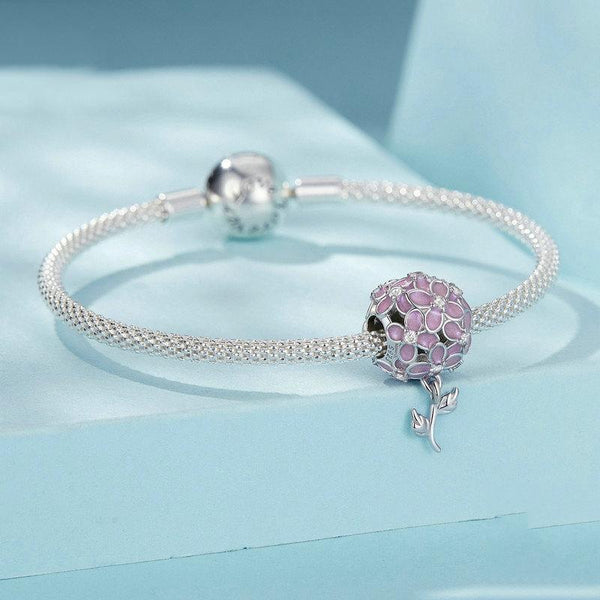 Pink Flower Ball Enamel Sterling Silver Bead Charm Bracelet Necklace