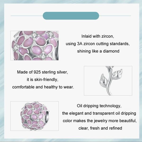 Pink Flower Ball Enamel Sterling Silver Bead Charm Bracelet Necklace