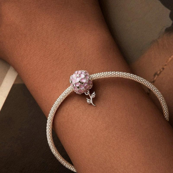 Pink Flower Ball Enamel Sterling Silver Bead Charm Bracelet Necklace
