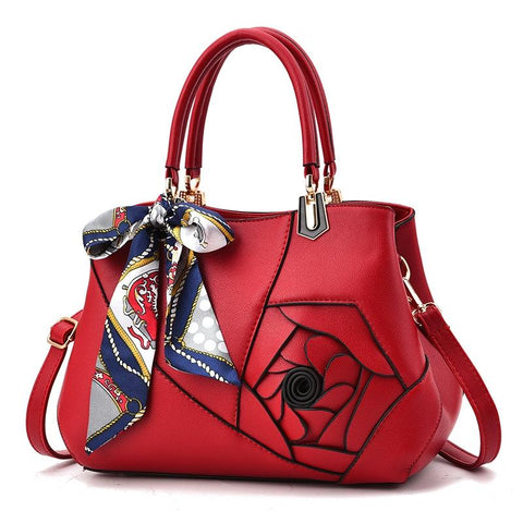 Faux PU Leather 3D Rose Design Tote Shoulder Bag Handbag Scarf Trim Red Wine