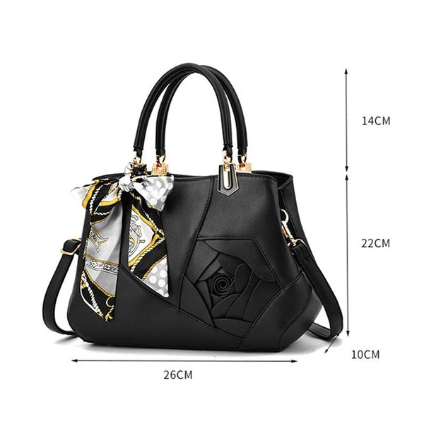 Faux PU Leather 3D Rose Design Tote Shoulder Bag Handbag Scarf Trim Red Wine