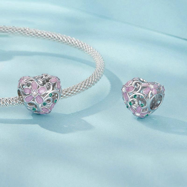 Flower Heart Enamel Sterling Silver Bead Charm Bracelet Necklace Pendant