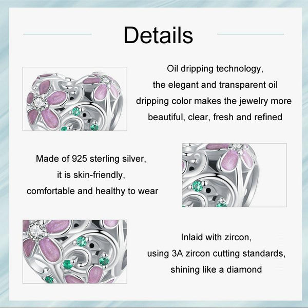 Flower Heart Enamel Sterling Silver Bead Charm Bracelet Necklace Pendant
