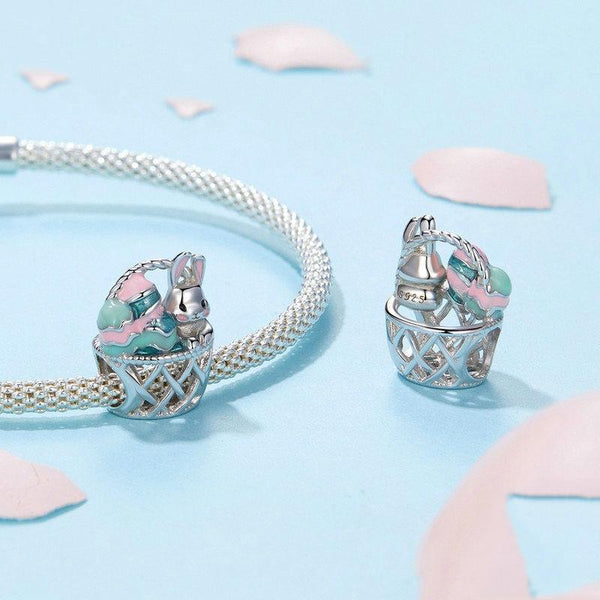 Easter Bunny Basket Enamel Sterling Silver Bead Charm Bracelet Necklace