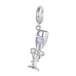 Champagne Glass Sterling Silver CZ Bead Charm Pendant Bracelet Necklace
