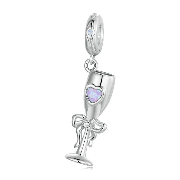 Champagne Glass Sterling Silver CZ Bead Charm Pendant Bracelet Necklace
