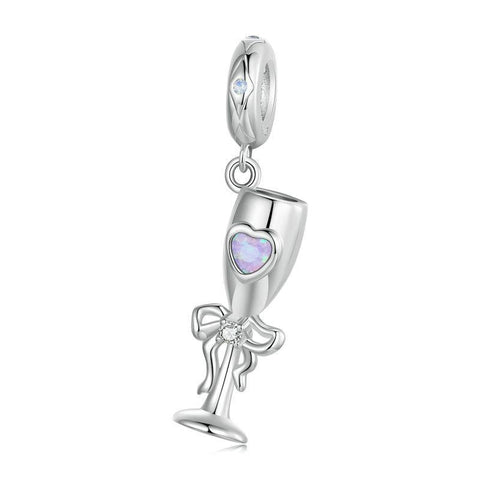 Champagne Glass Sterling Silver CZ Bead Charm Pendant Bracelet Necklace