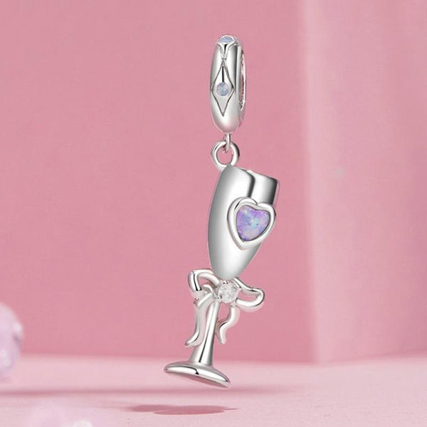 Champagne Glass Sterling Silver CZ Bead Charm Pendant Bracelet Necklace