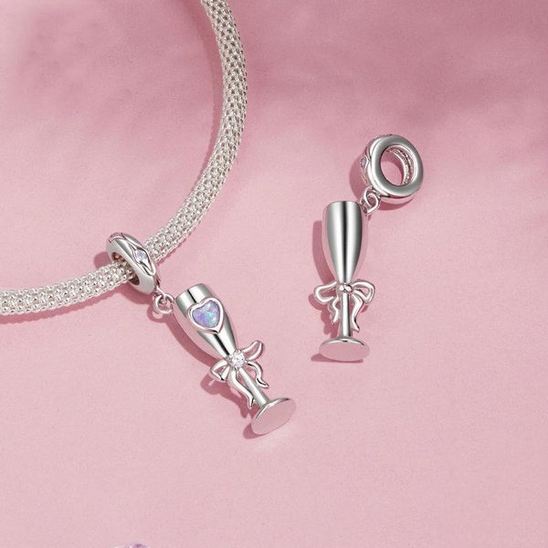 Champagne Glass Sterling Silver CZ Bead Charm Pendant Bracelet Necklace