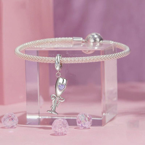 Champagne Glass Sterling Silver CZ Bead Charm Pendant Bracelet Necklace