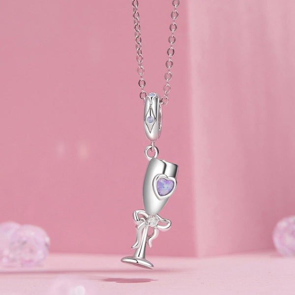 Champagne Glass Sterling Silver CZ Bead Charm Pendant Bracelet Necklace
