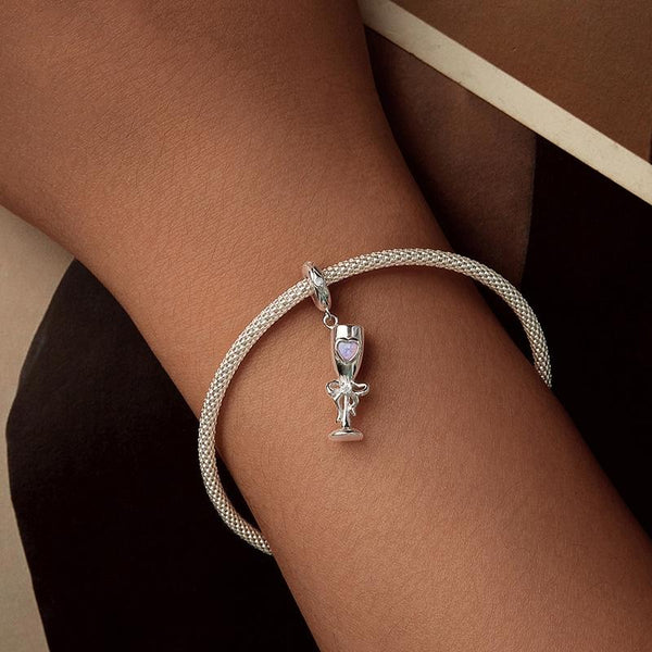 Champagne Glass Sterling Silver CZ Bead Charm Pendant Bracelet Necklace