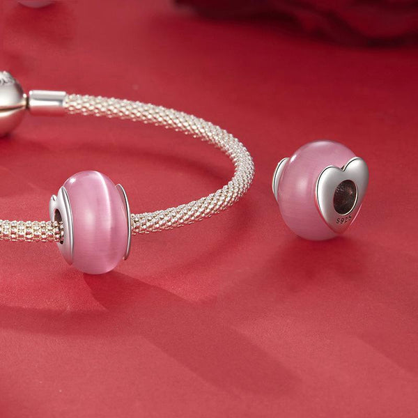 Pink Heart Sterling Silver Resin Bead Charm Bracelet Necklace