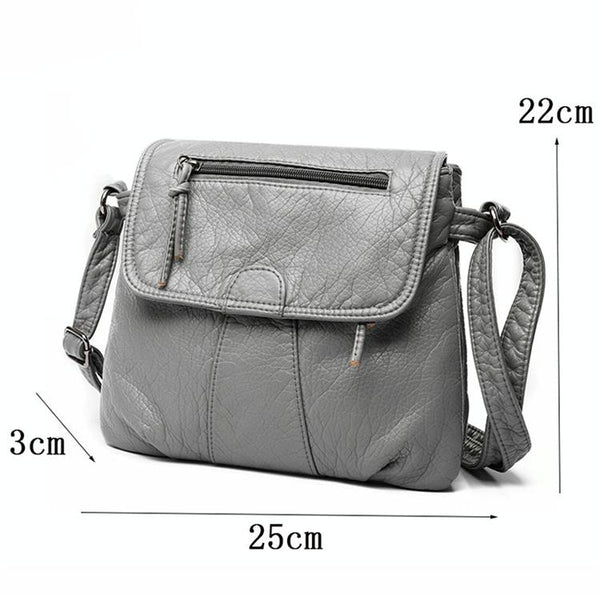 Washed Look Faux PU Leather Messenger Style Bag Handbag Multi Pocket Black