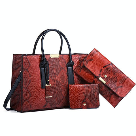 3 Pce Faux Snakeskin Pattern PU Leather Tote Shoulder Bag Wallet Card Holder Red