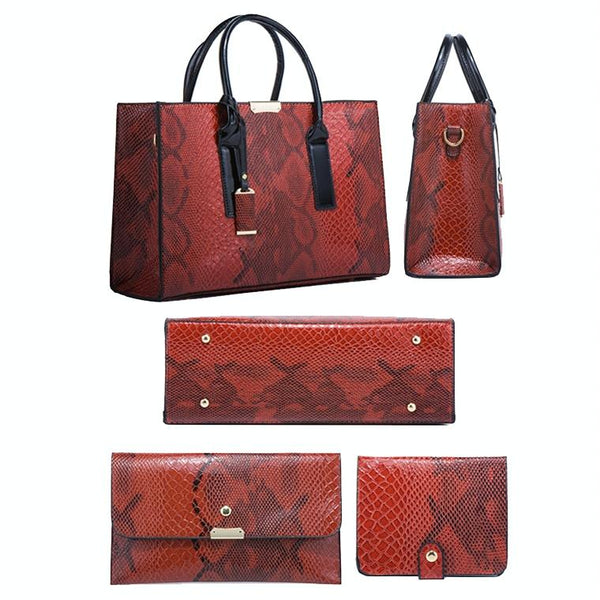 3 Pce Faux Snakeskin Pattern PU Leather Tote Shoulder Bag Wallet Card Holder Red