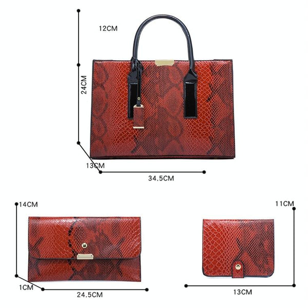 3 Pce Faux Snakeskin Pattern PU Leather Tote Shoulder Bag Wallet Card Holder Red