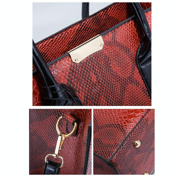 3 Pce Faux Snakeskin Pattern PU Leather Tote Shoulder Bag Wallet Card Holder Red