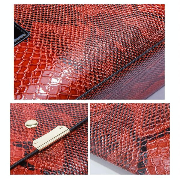 3 Pce Faux Snakeskin Pattern PU Leather Tote Shoulder Bag Wallet Card Holder Red