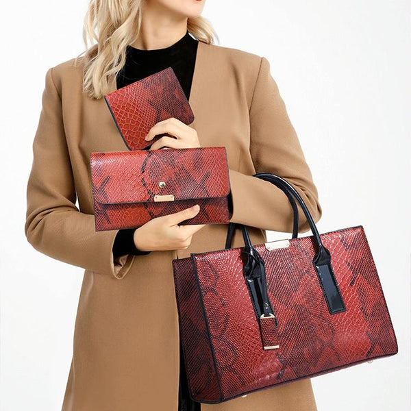 3 Pce Faux Snakeskin Pattern PU Leather Tote Shoulder Bag Wallet Card Holder Red