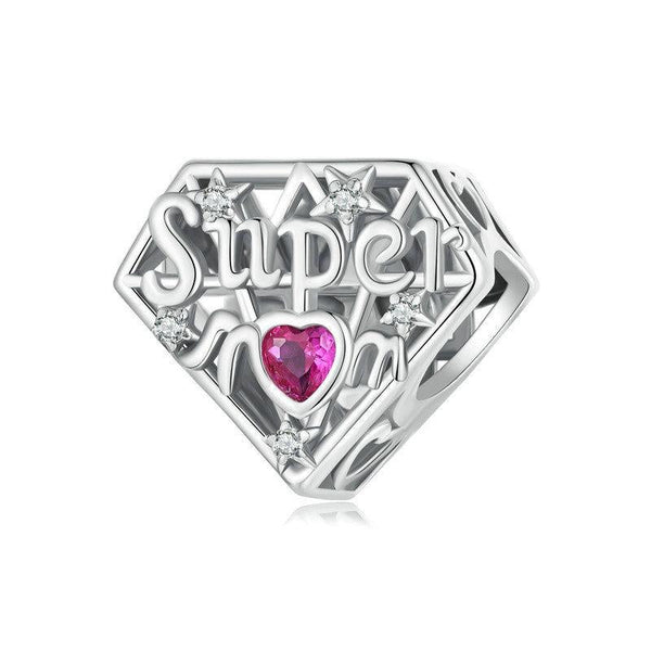 Super Mum Heart Sterling Silver CZ Bead Charm Bracelet Necklace Pendant
