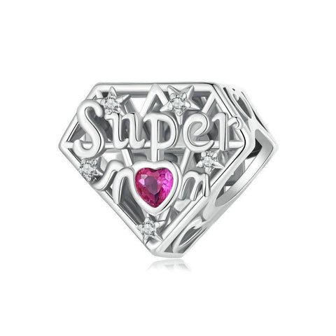 Super Mum Heart Sterling Silver CZ Bead Charm Bracelet Necklace Pendant