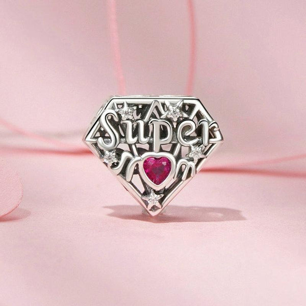 Super Mum Heart Sterling Silver CZ Bead Charm Bracelet Necklace Pendant