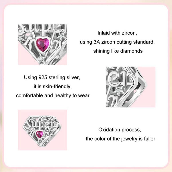 Super Mum Heart Sterling Silver CZ Bead Charm Bracelet Necklace Pendant
