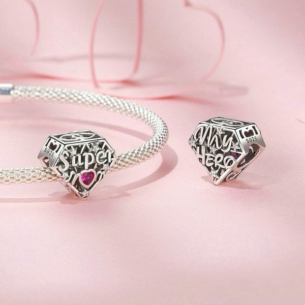Super Mum Heart Sterling Silver CZ Bead Charm Bracelet Necklace Pendant